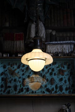 Pair Edwardian Pantry Doriclite Moonstone Opaline Glass Jefferson Pendant Lights
