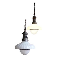 Pair Edwardian Pantry Doriclite Moonstone Opaline Glass Jefferson Pendant Lights