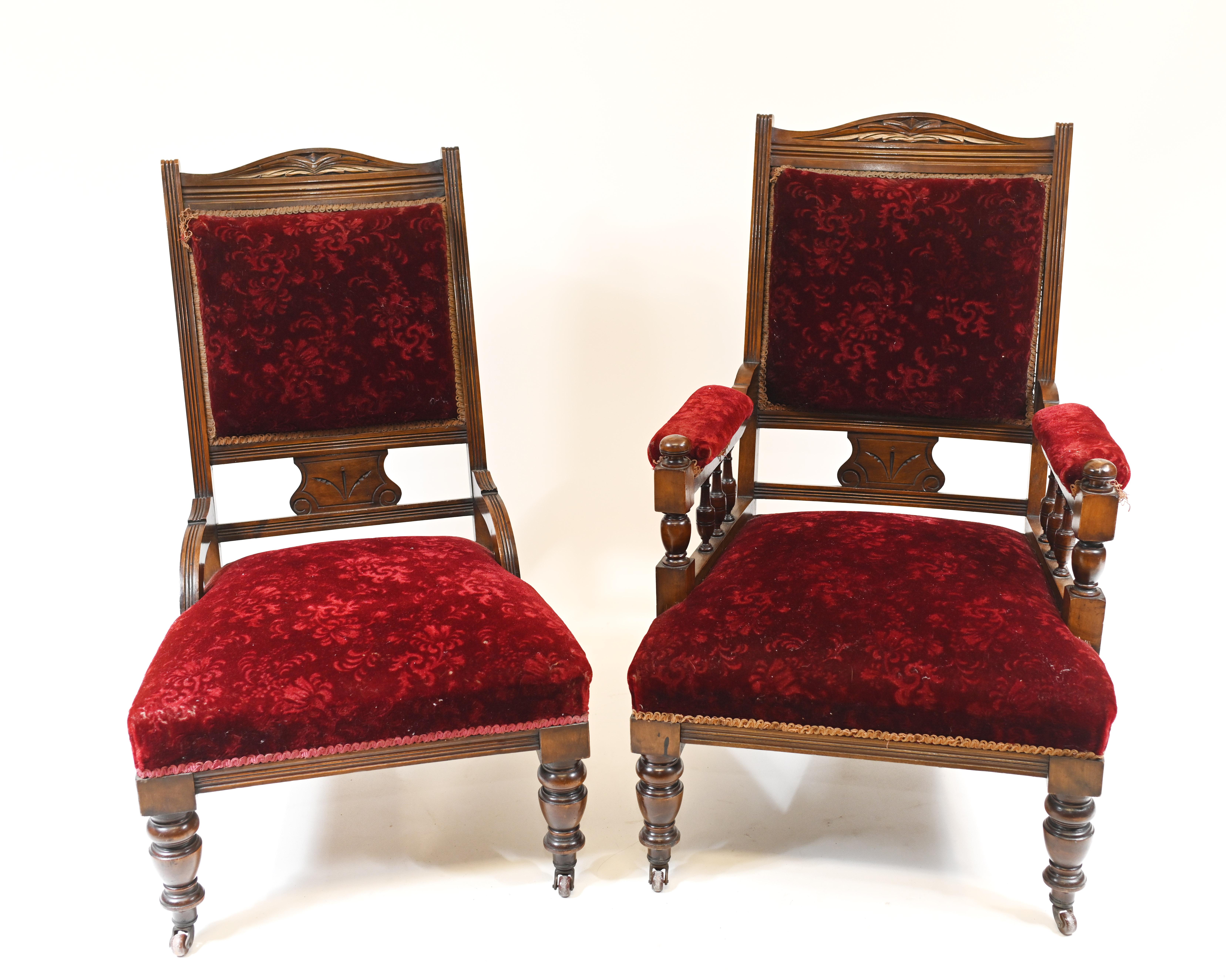 Gorgeous pair of Edwardian his and her chairs
Features and arm and a side chair
Frame hand carved from mahogany
Circa 1910
Offered in great shape ready for home use right away 
We ship to every corner of the planet.
  