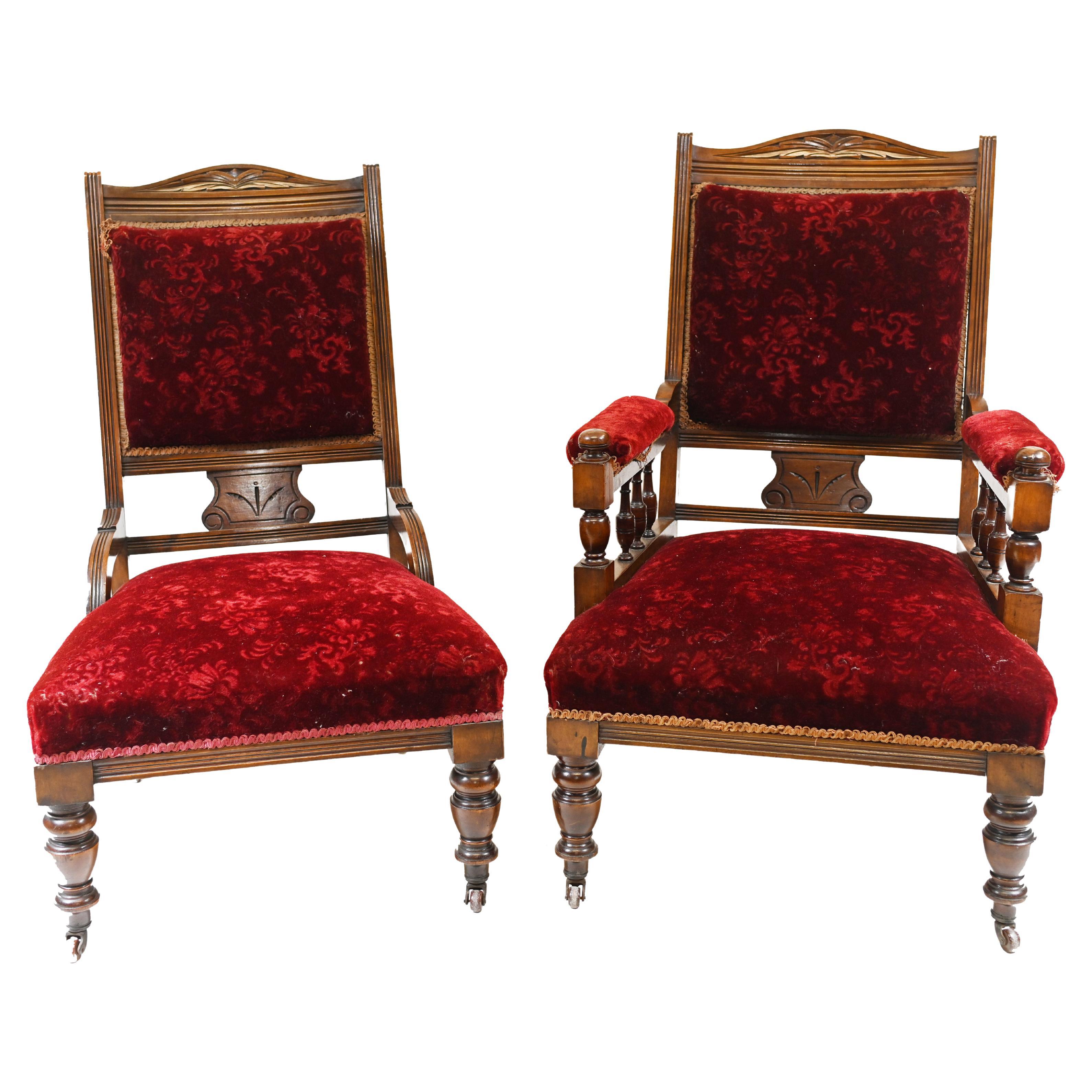 Pair Edwardian Sofa Chairs Mahogany His & Her Seats For Sale