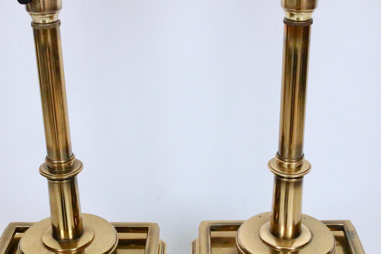 Wood Pair of Edwin Cole for Stiffel Aqua Ceramic & Brass Table Lamp with Glass Shades For Sale