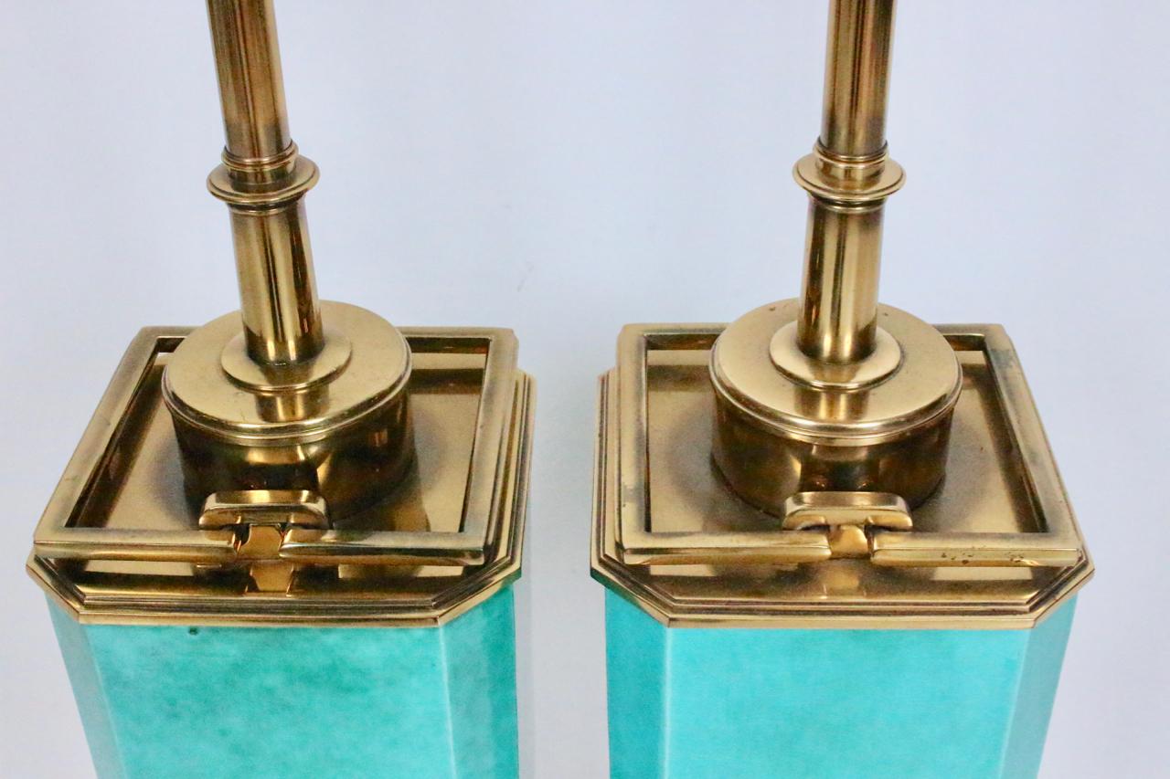 Pair of Edwin Cole for Stiffel Aqua Ceramic & Brass Table Lamp with Glass Shades For Sale 2