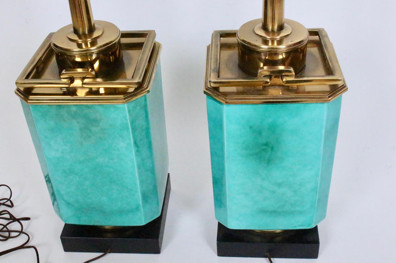 Pair of Edwin Cole for Stiffel Aqua Ceramic & Brass Table Lamp with Glass Shades For Sale 3