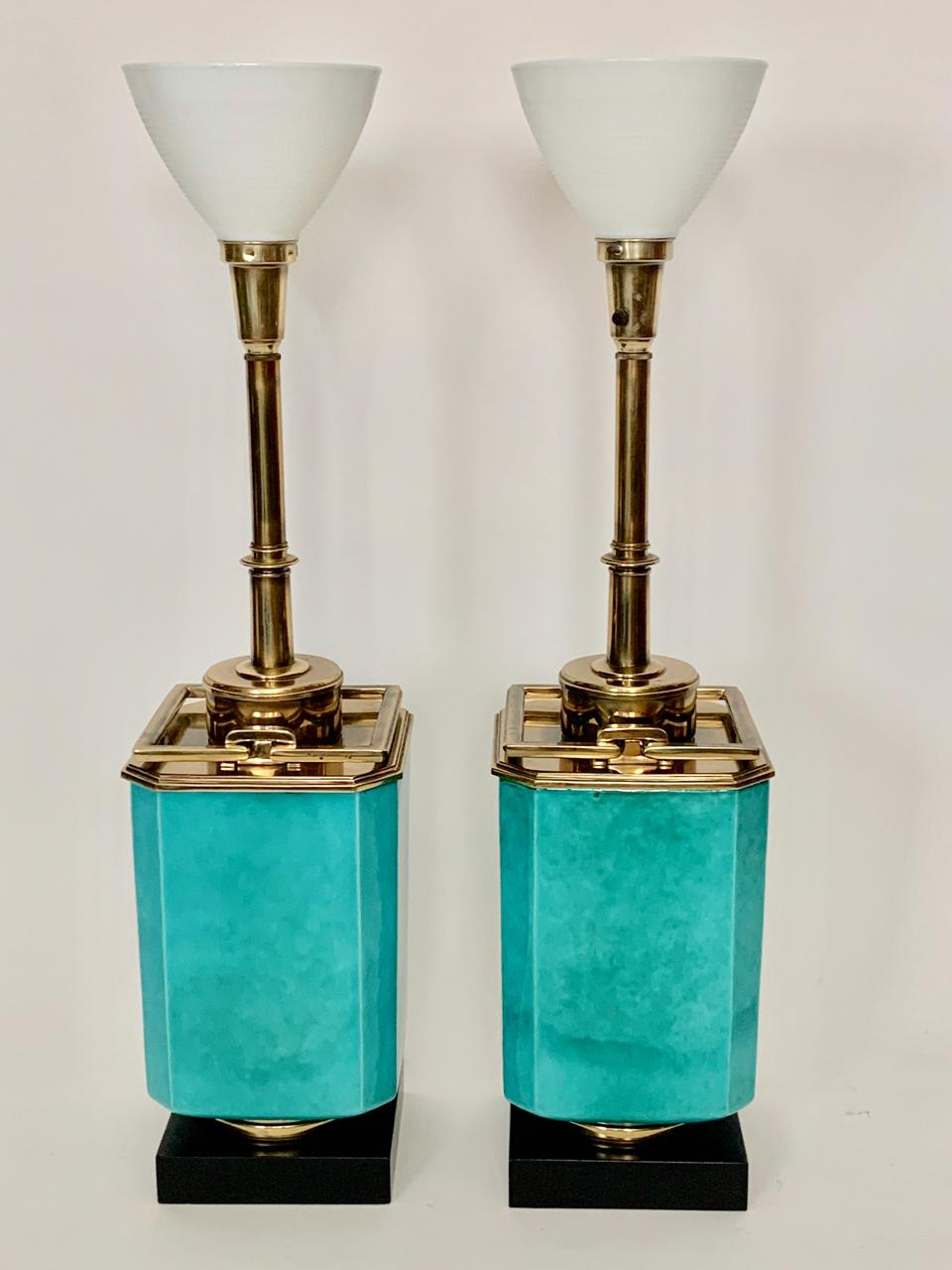 Pair of Edwin Cole for Stiffel Aqua Ceramic & Brass Table Lamp with Glass Shades For Sale 5