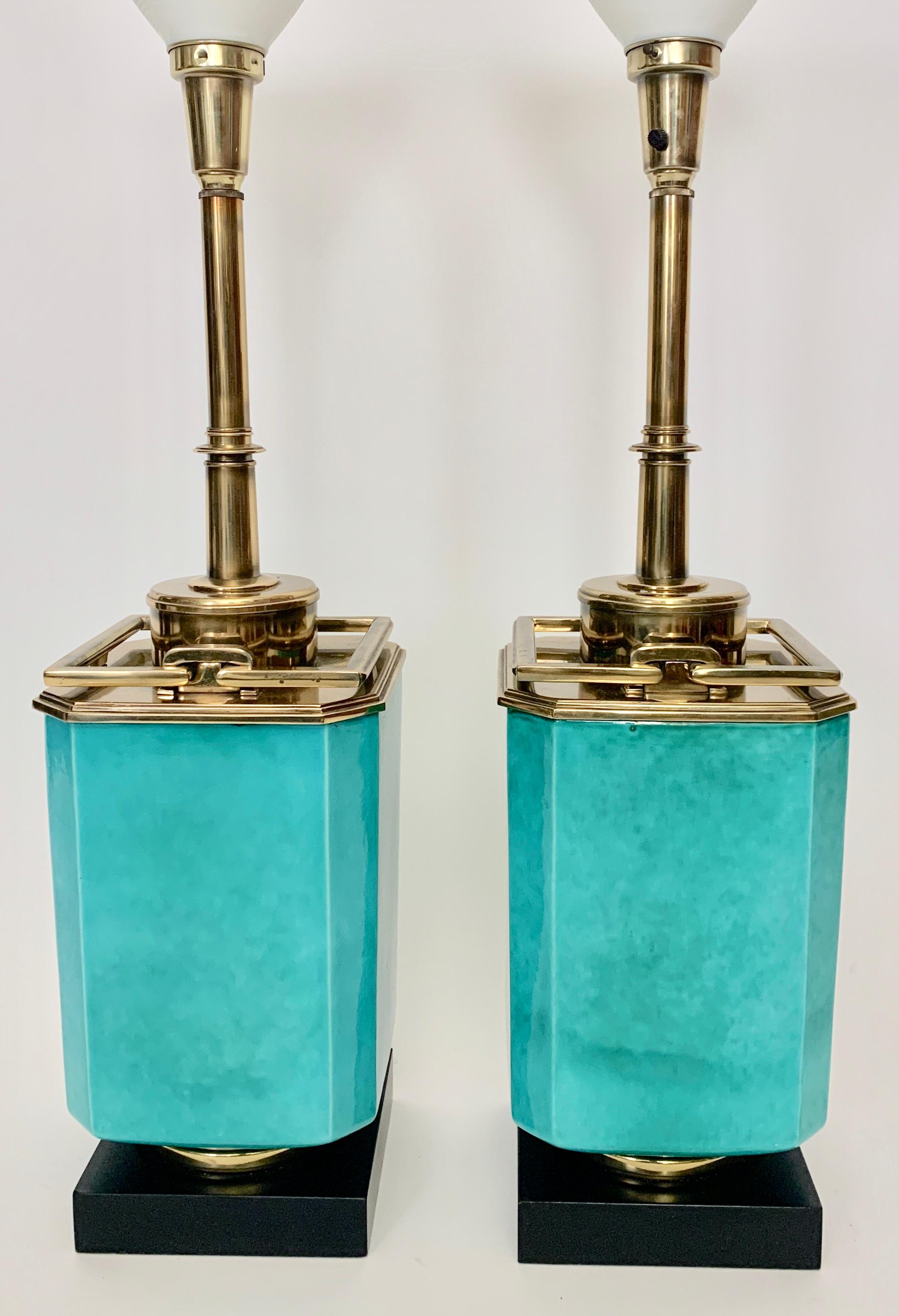 Hollywood Regency Pair of Edwin Cole for Stiffel Aqua Ceramic & Brass Table Lamp with Glass Shades For Sale