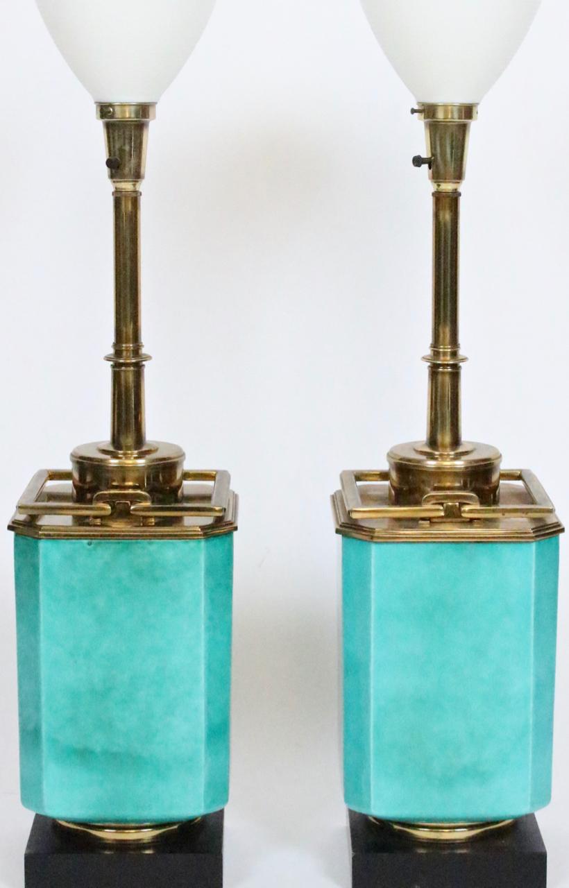 American Pair of Edwin Cole for Stiffel Aqua Ceramic & Brass Table Lamp with Glass Shades For Sale