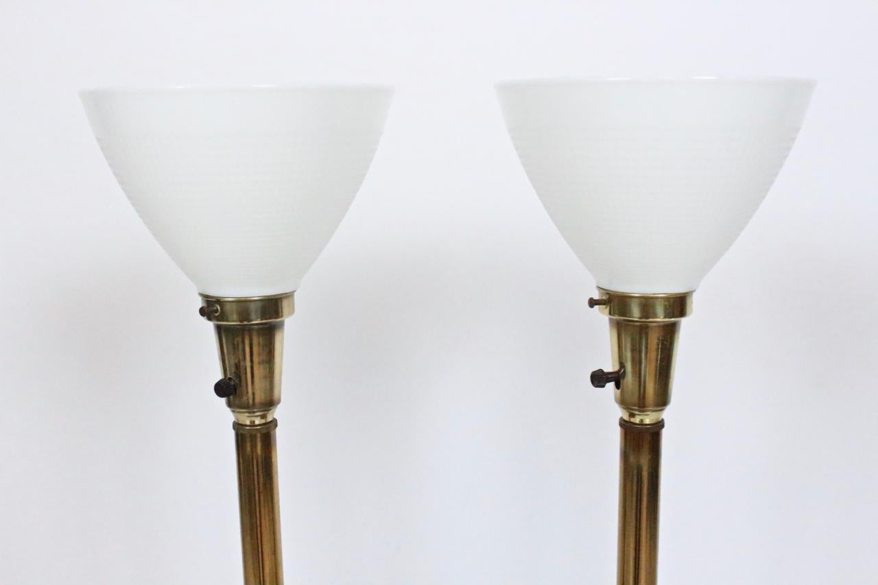 Enameled Pair of Edwin Cole for Stiffel Aqua Ceramic & Brass Table Lamp with Glass Shades For Sale