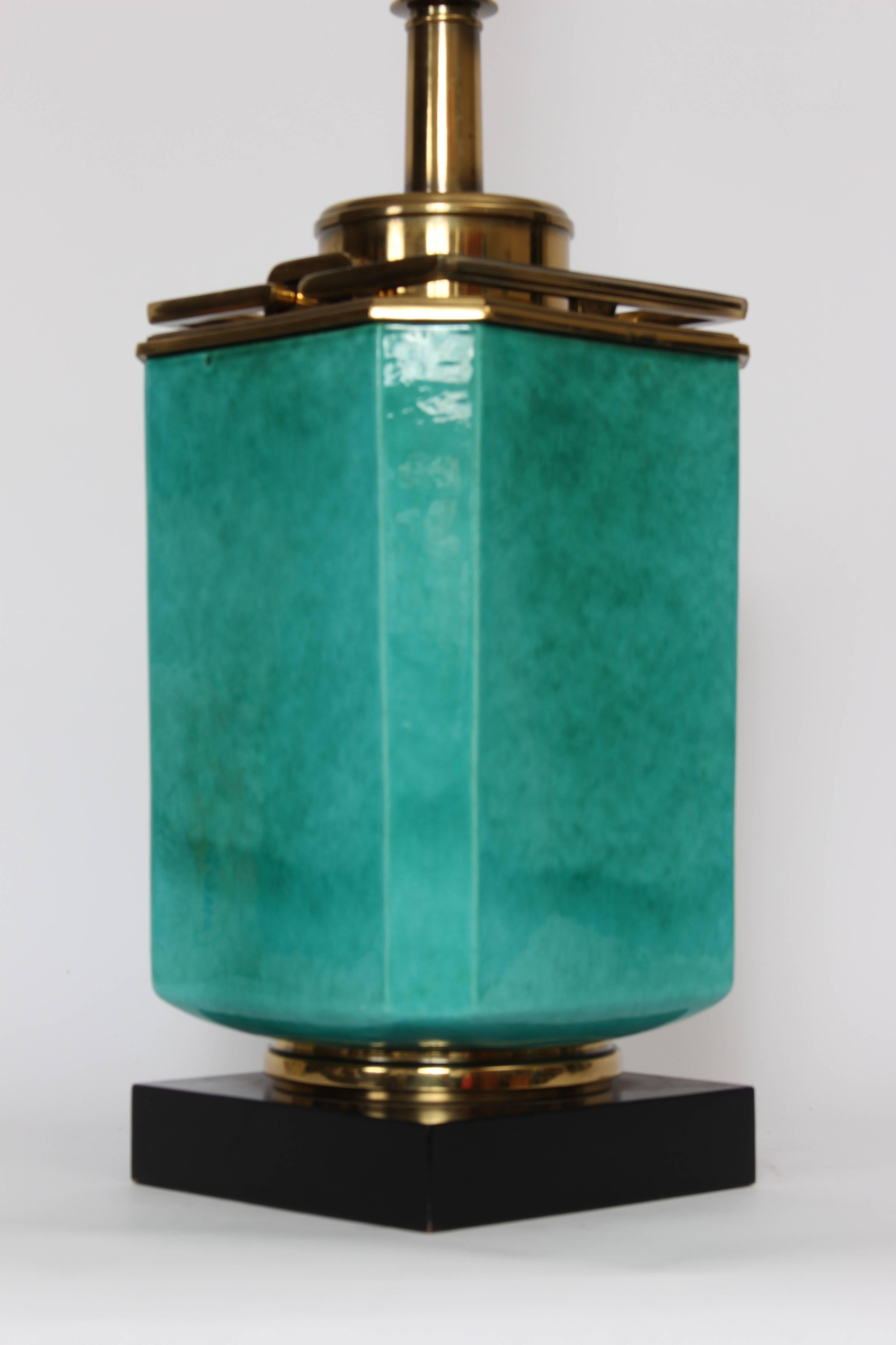 Pair of Edwin Cole for Stiffel Aqua Ceramic & Brass Table Lamp with Glass Shades In Good Condition For Sale In Bainbridge, NY