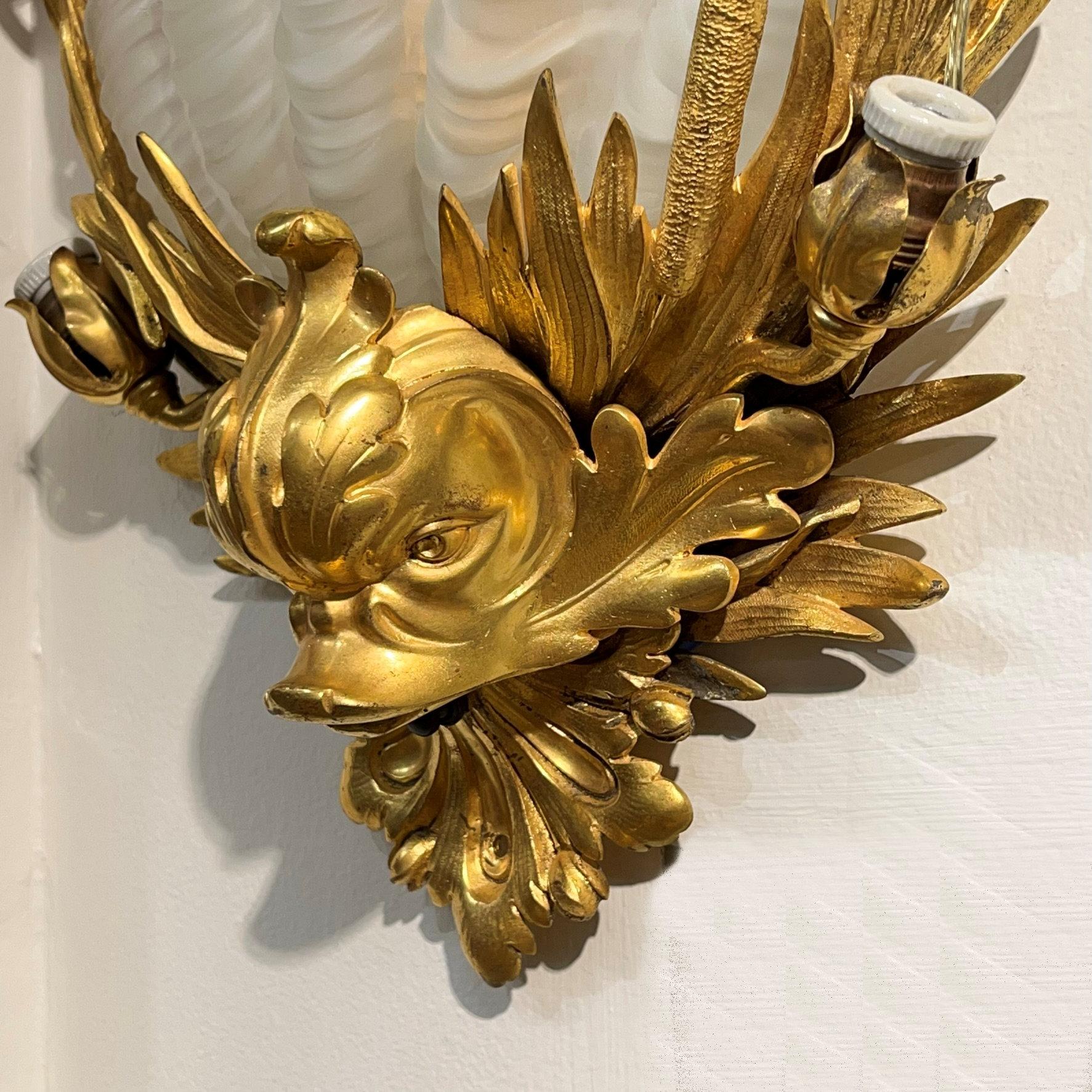 Belle Époque Pair E.F. Caldwell Gilt Bronze Sconces with Seashell and Dolphin Motifs