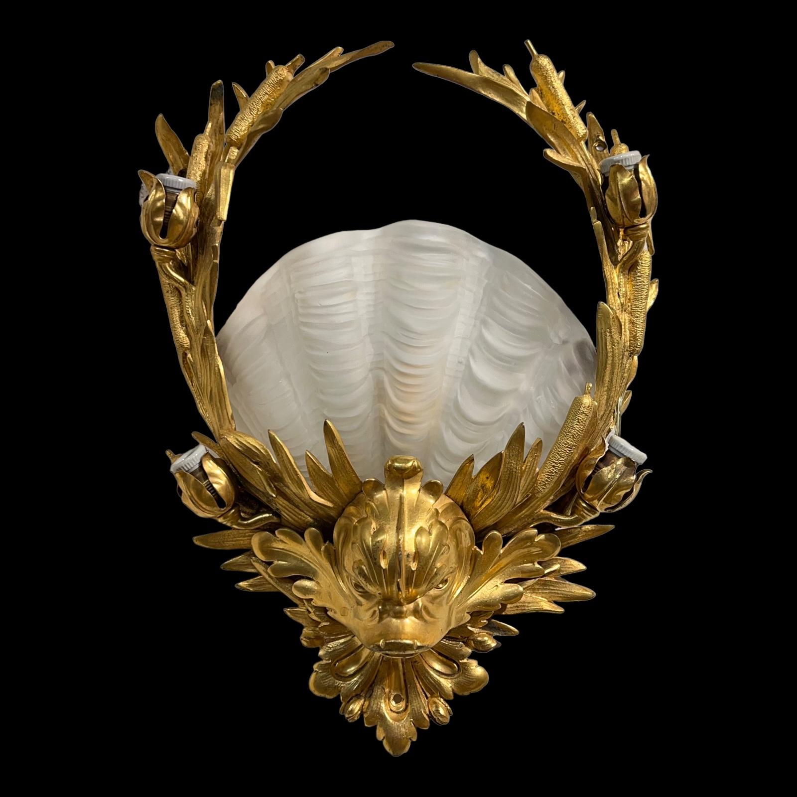 Pair E.F. Caldwell Gilt Bronze Sconces with Seashell and Dolphin Motifs 1