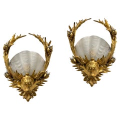 Pair E.F. Caldwell Gilt Bronze Sconces with Seashell and Dolphin Motifs