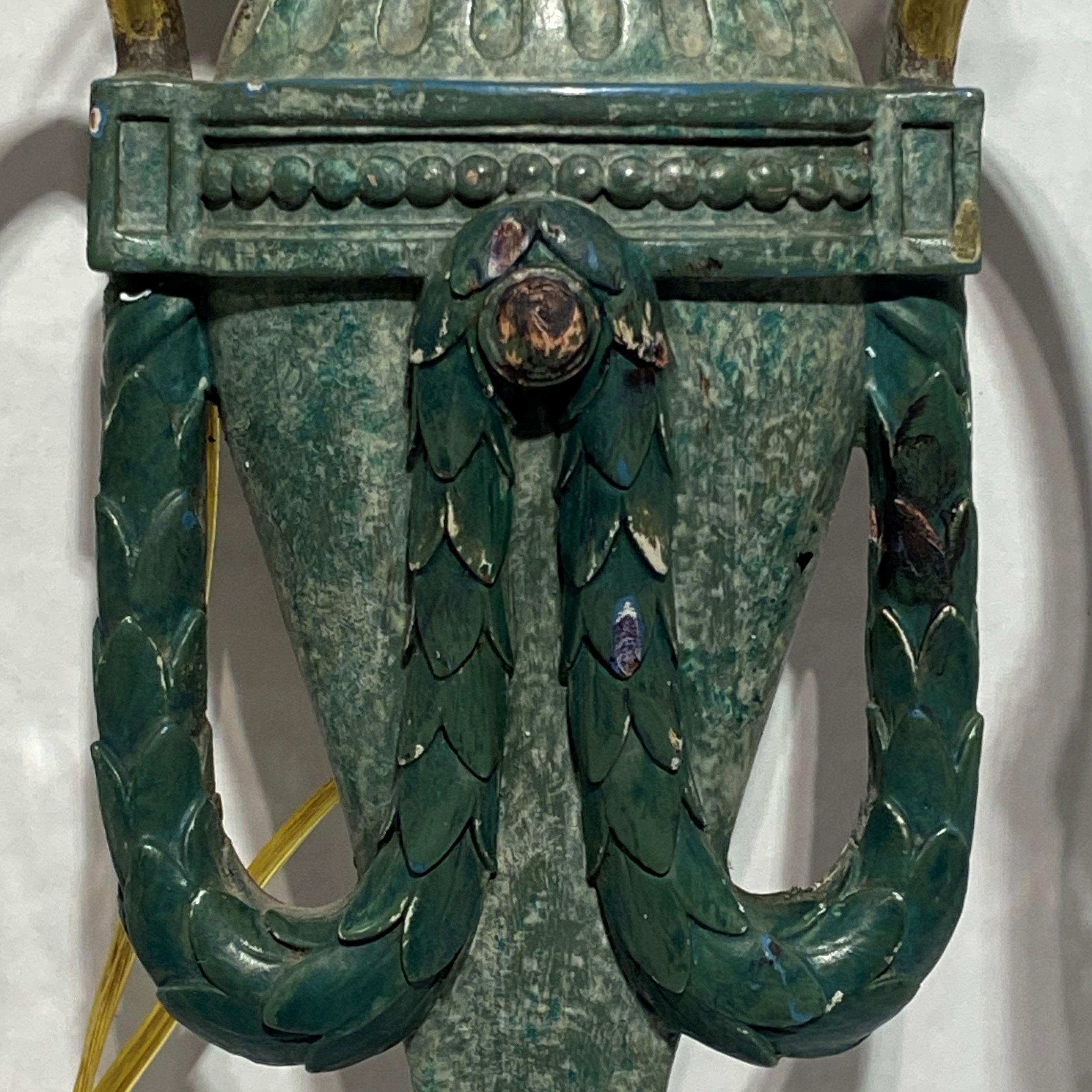 Pair E.F. Caldwell Neoclassical Sconces with Green Patina, circa 1910s 5