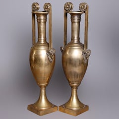 Pair Egyptian Revival Figural Bronze Urns with Rams Heads 20th C