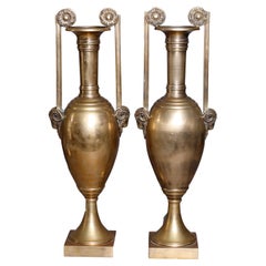 Pair Egyptian Revival Figural Bronze Urns with Rams Heads 20th C