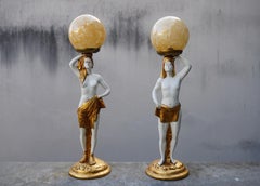 Pair Egyptian Table Lamps with Glass Shades