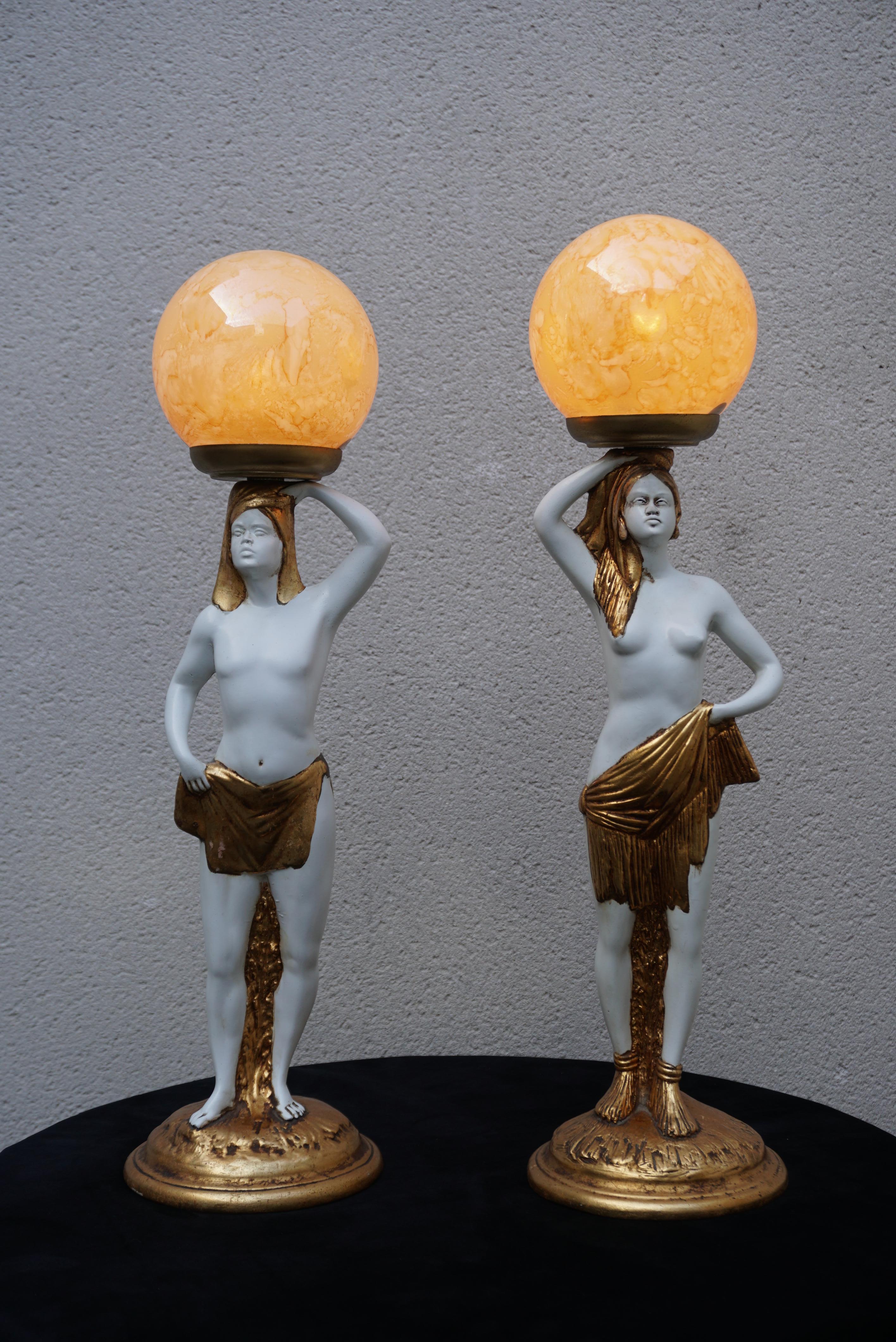 Hollywood Regency Pair Egyptian Table Lamps with Glass Shades For Sale