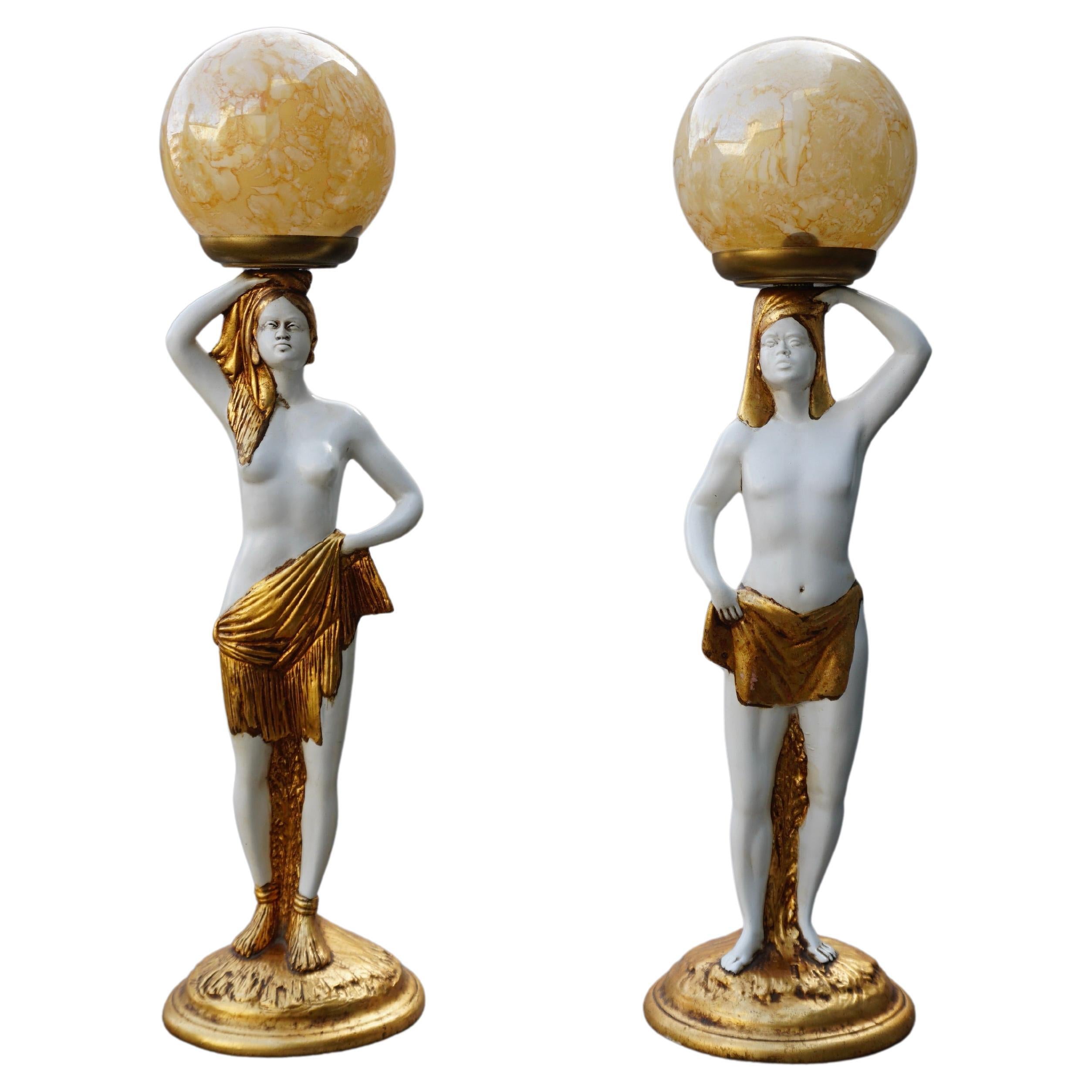 Pair Egyptian Table Lamps with Glass Shades For Sale