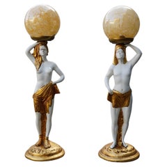 Retro Pair Egyptian Table Lamps with Glass Shades