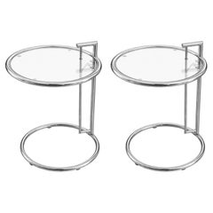 Pair Eileen Gray E-1027 ClassiCon Adjustable Side Tables in Chrome & Glass