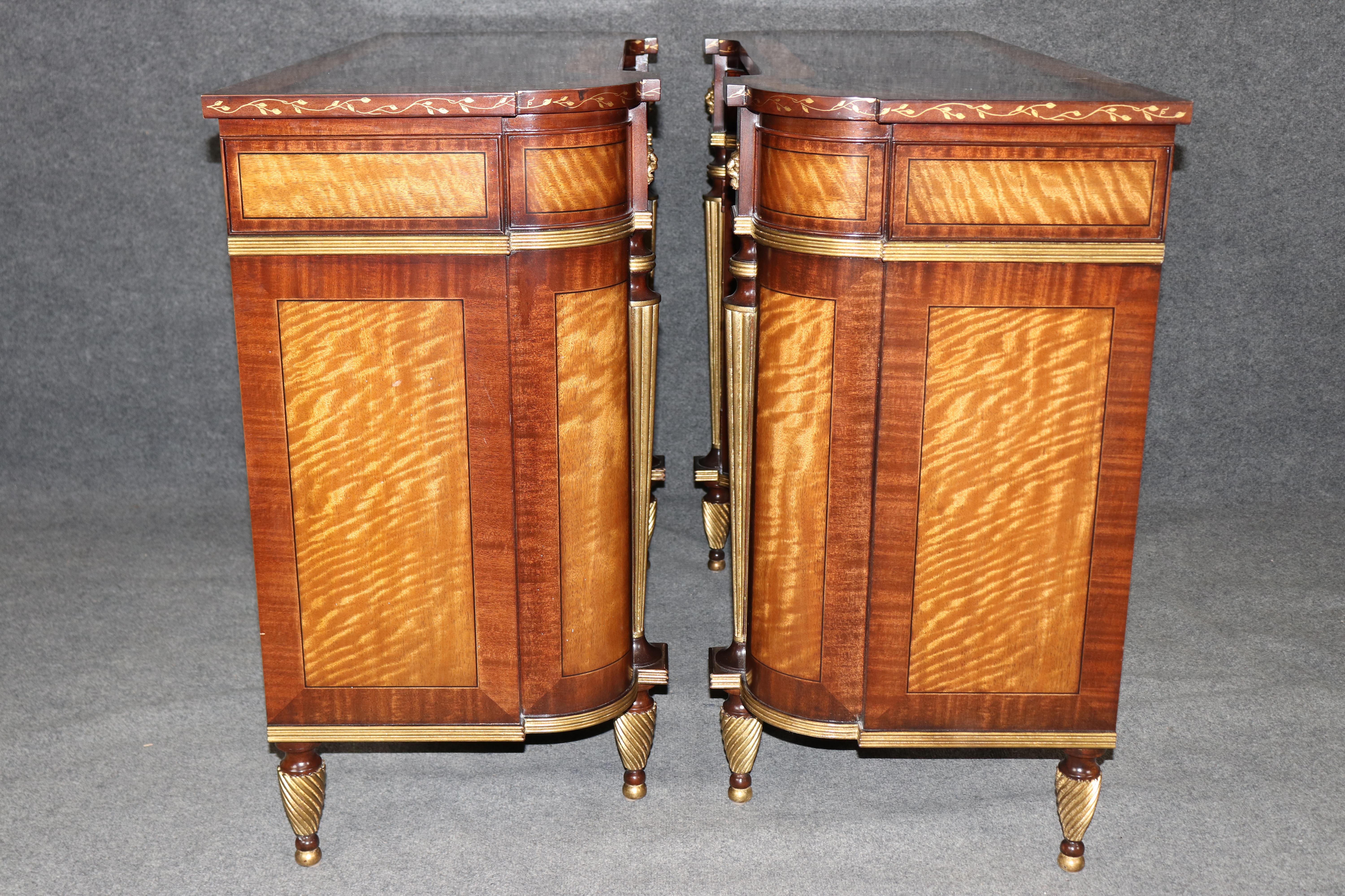 Brass Pair E.J. Victor Gilded Mahogany and Satinwood Sheraton Style Buffets Servers