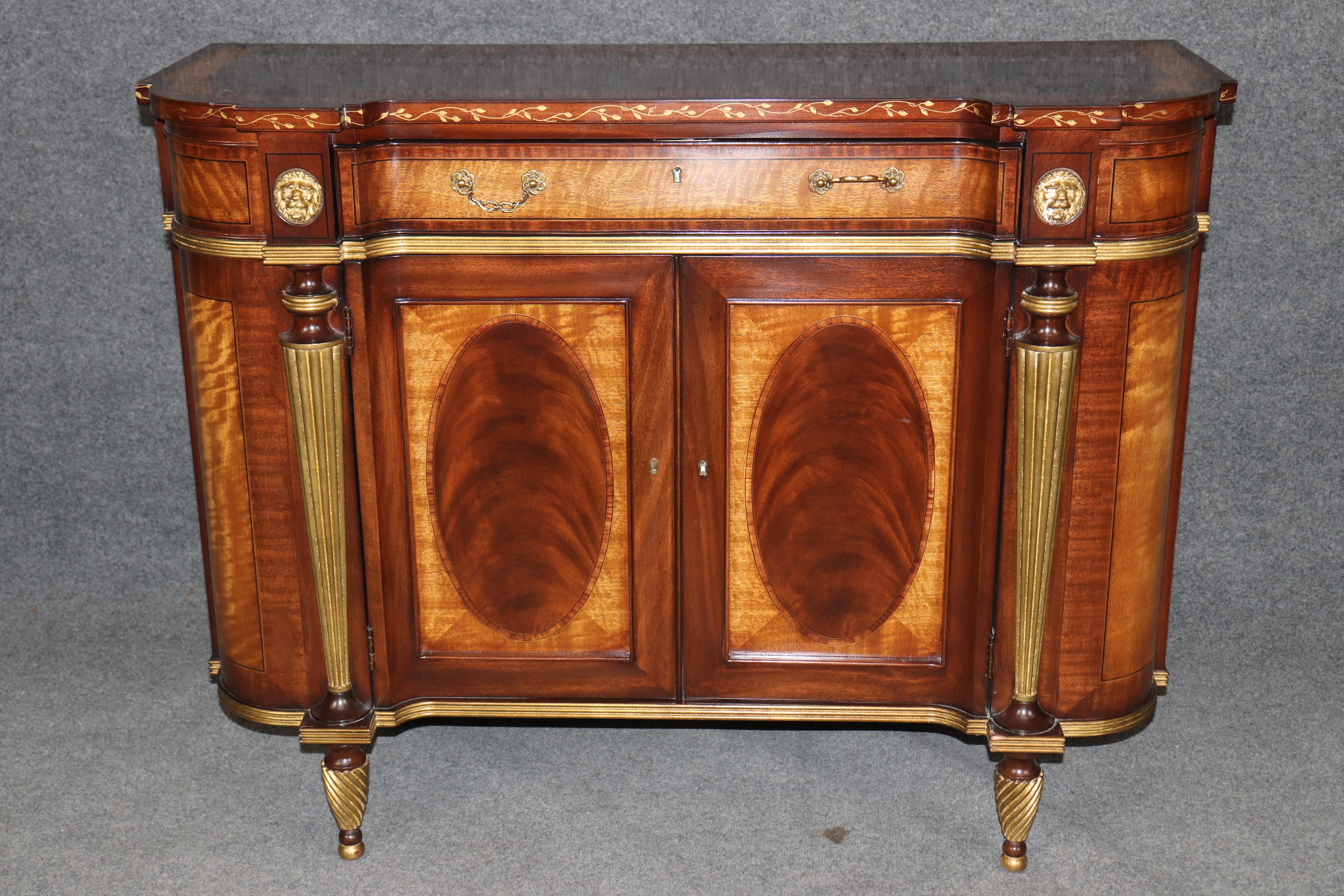 Pair E.J. Victor Gilded Mahogany and Satinwood Sheraton Style Buffets Servers 1