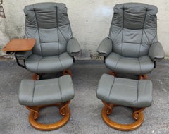 Pair Ekornes Stressless Adjustable Slate Leather Recliners Tray Table + Ottomans