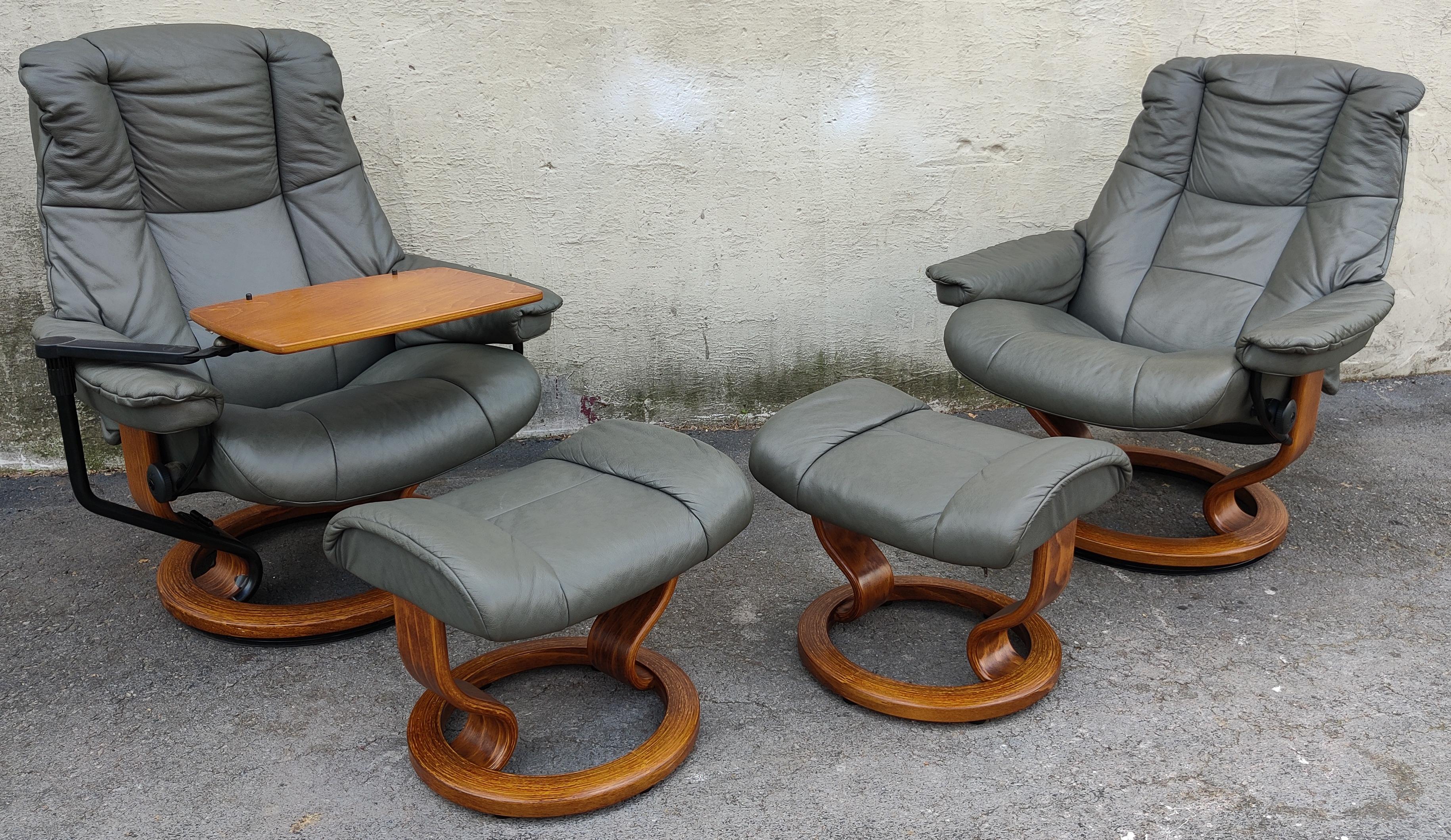 Norwegian Pair Ekornes Stressless Adjustable Slate Leather Recliners Tray Table + Ottomans