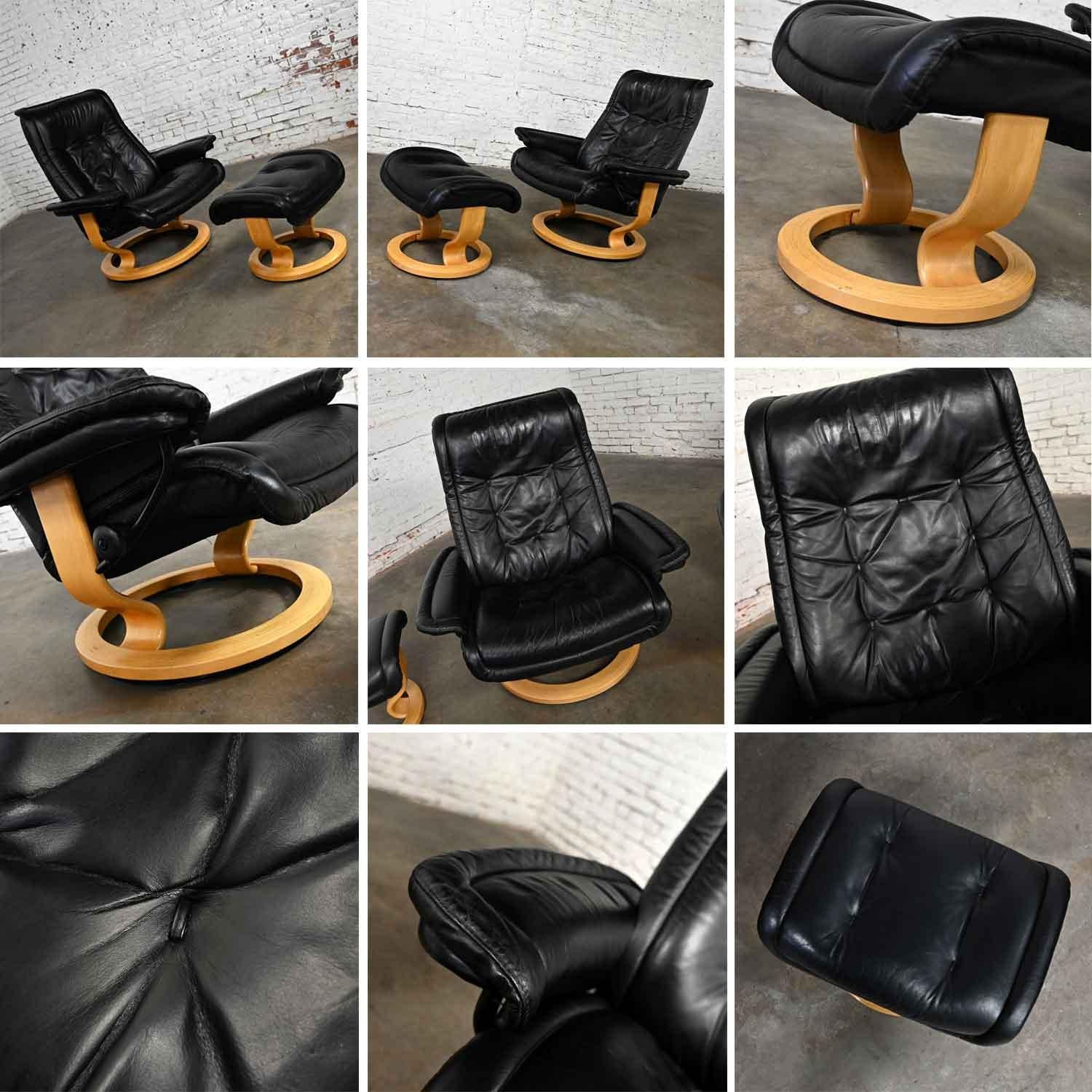 Pair Ekornes Stressless Royal Recliner Black Leather Lounge Chairs & Ottomans For Sale 4