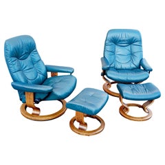 Retro Pair Ekornes Stressless Adjustable Green Leather Recliners Ottoman Norway Large