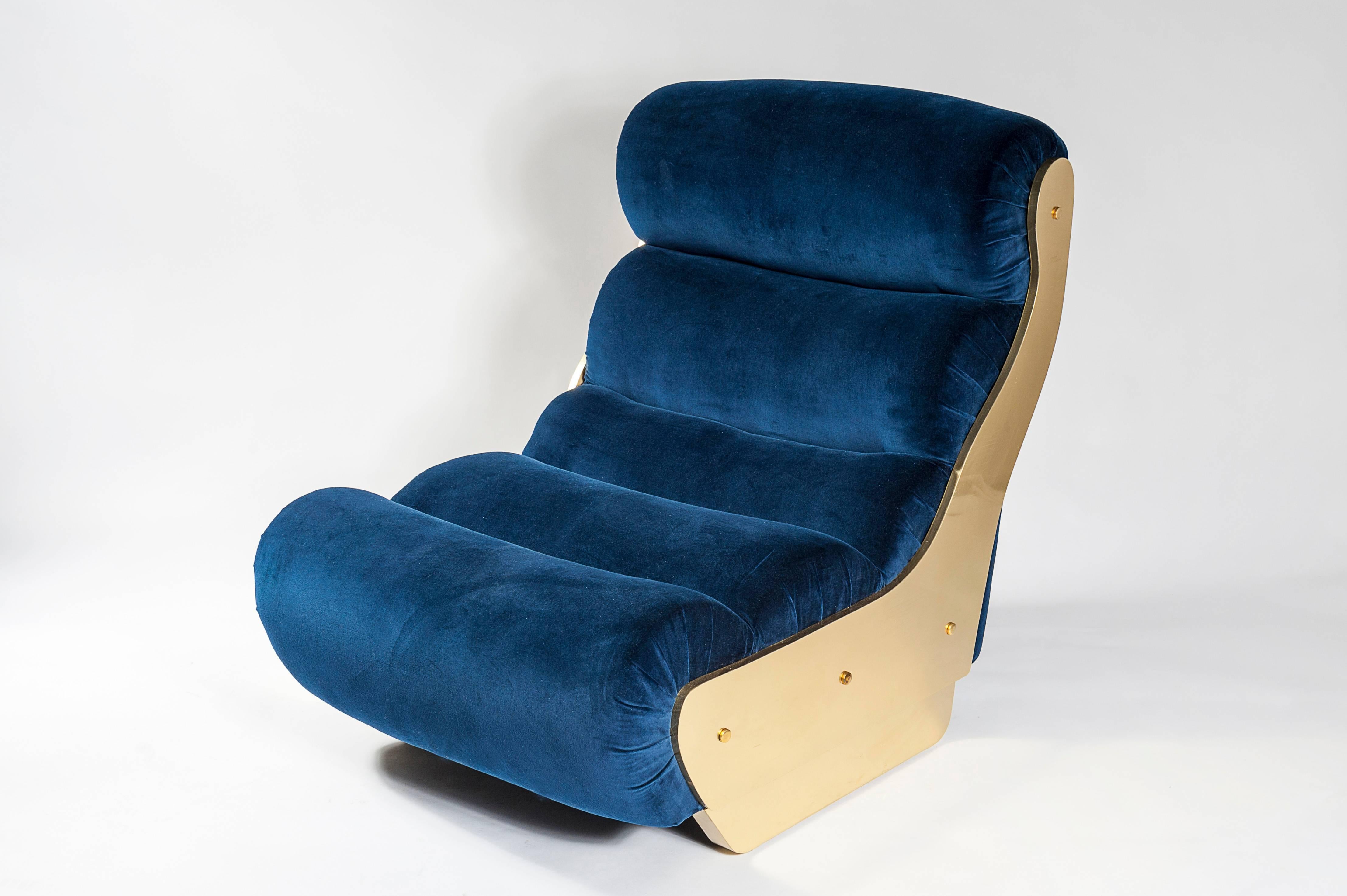 Pair of electric blue fabric and brass armchairs, full repair, new brass, new fabric circa 1970.

 
