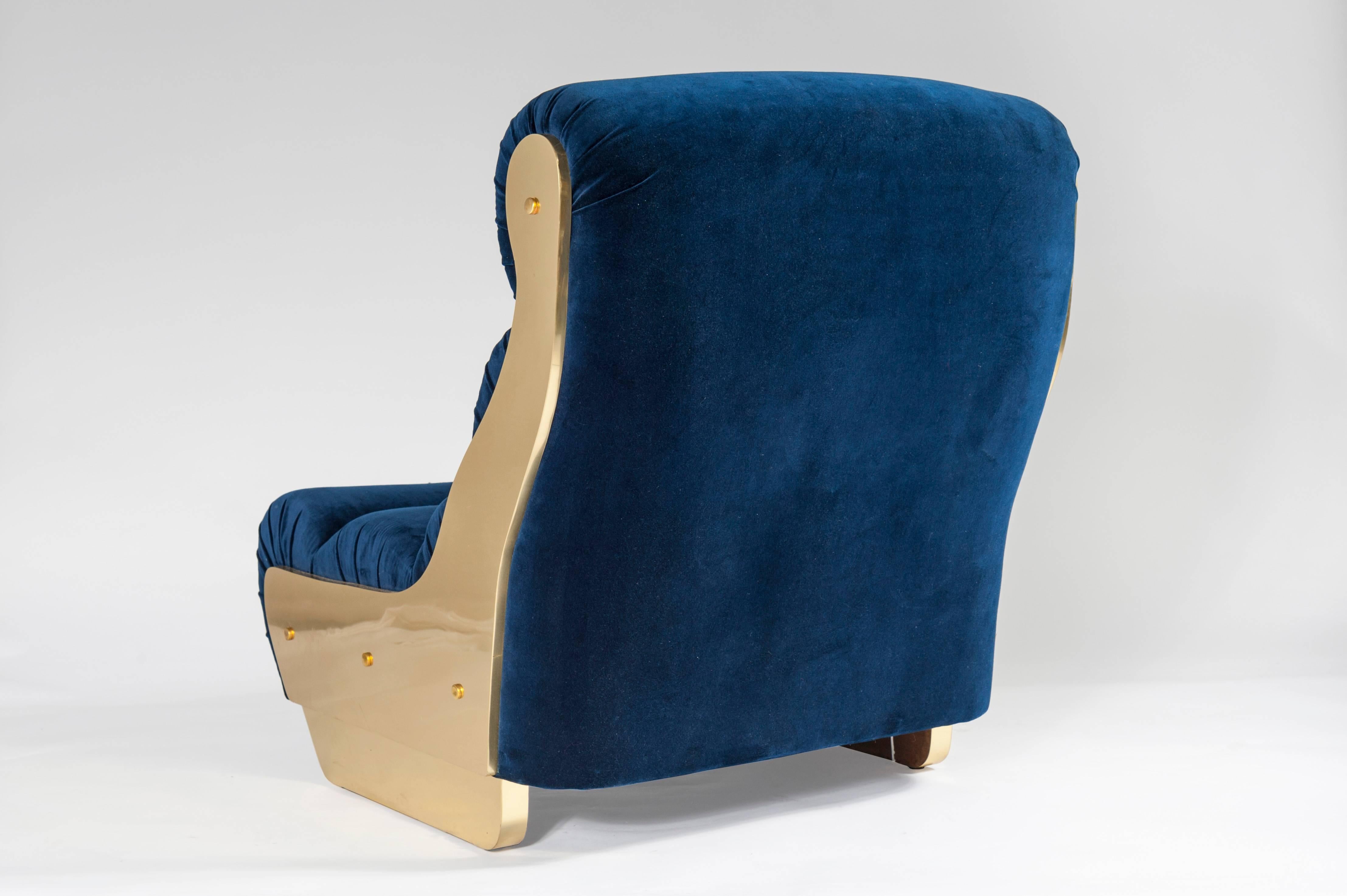 Mid-Century Modern Pair of Electric Blue and Brass Armchairs
