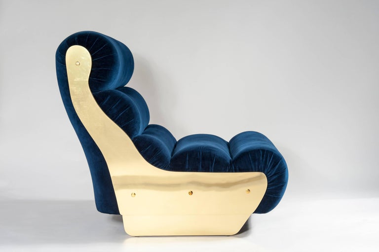 Pair of Electric Blue and Brass Armchairs For Sale at 1stdibs