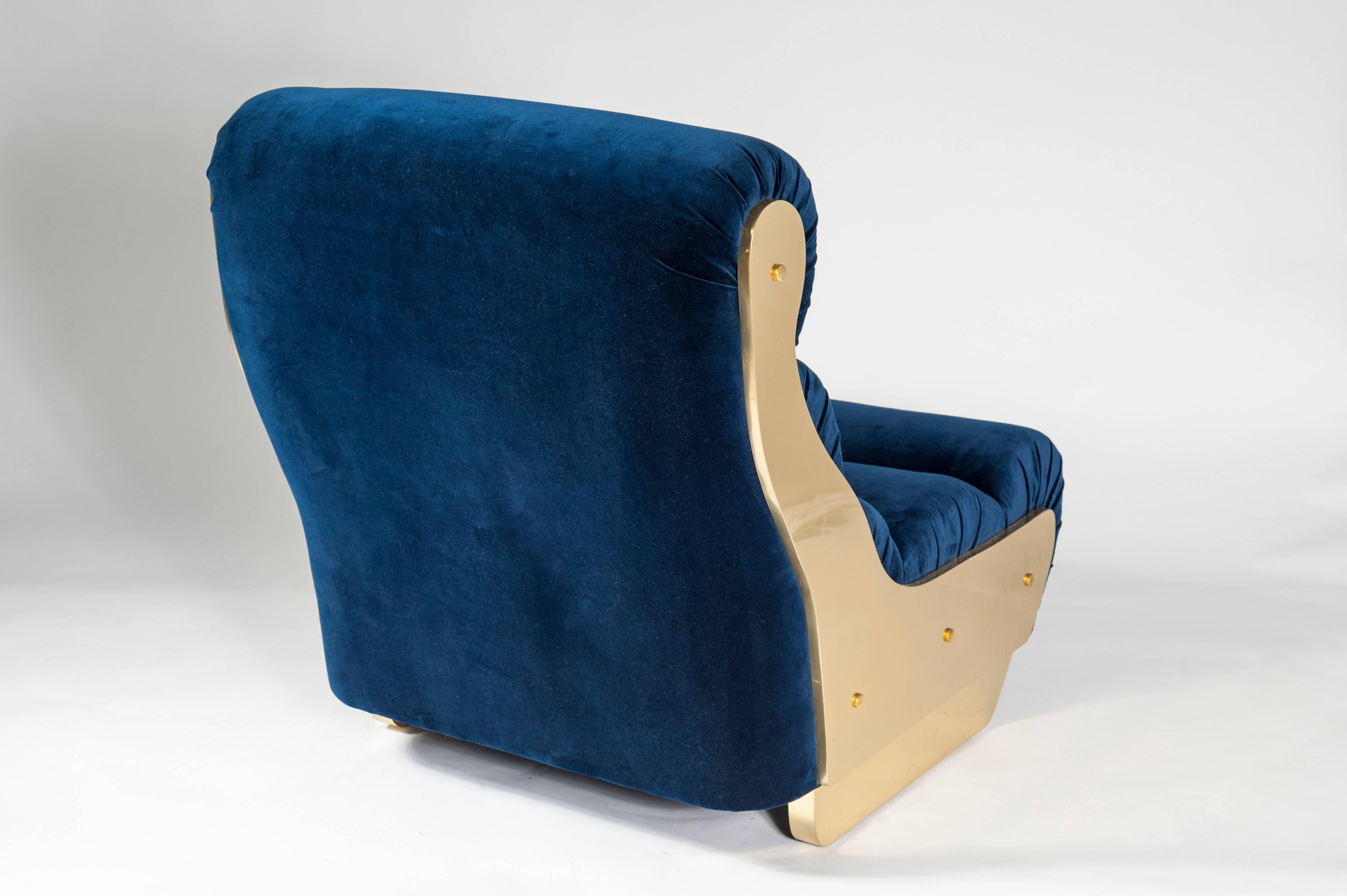 Late 20th Century Pair of Electric Blue and Brass Armchairs
