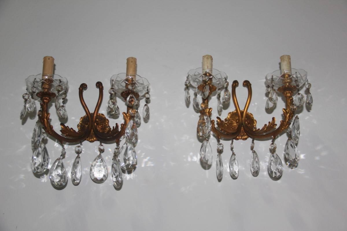 Mid-Century Modern Pair of Sconces Bronze and Crystal, 1950s Mid-cenduty Italian design  For Sale