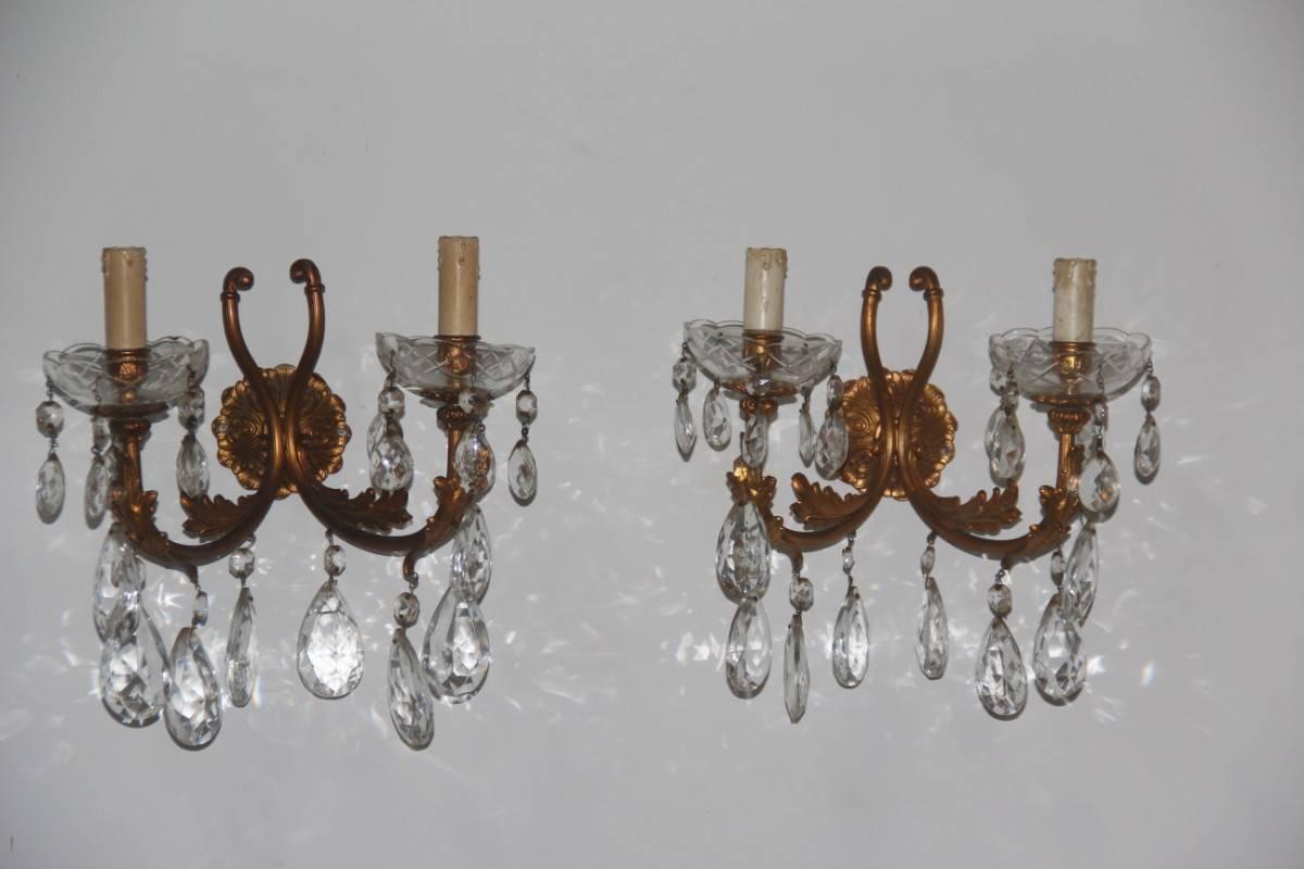 European Pair of Sconces Bronze and Crystal, 1950s Mid-cenduty Italian design  For Sale