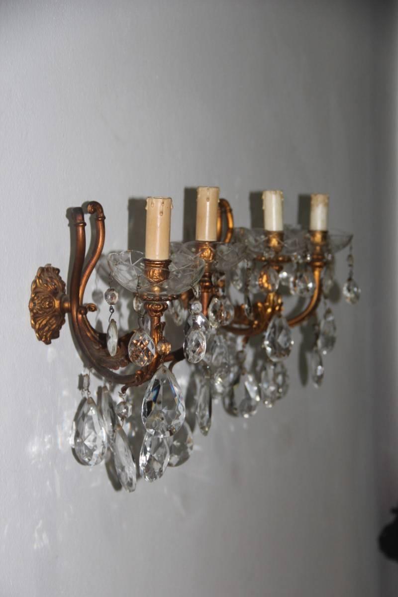 Mid-20th Century Pair of Sconces Bronze and Crystal, 1950s Mid-cenduty Italian design  For Sale