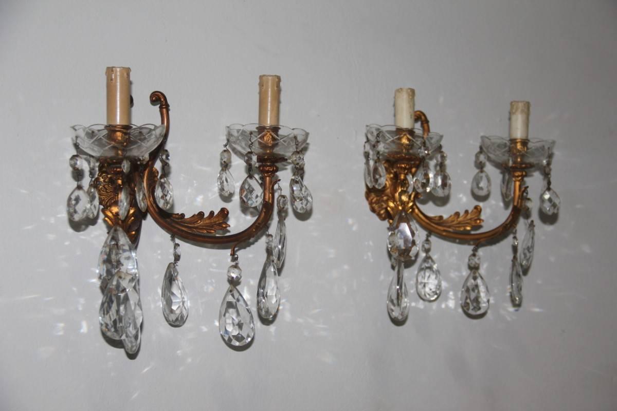 Pair of Sconces Bronze and Crystal, 1950s Mid-cenduty Italian design  For Sale 1