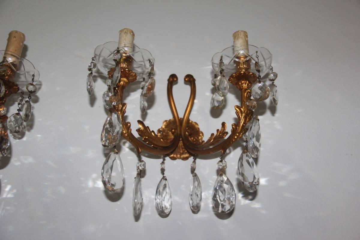 Pair of Sconces Bronze and Crystal, 1950s Mid-cenduty Italian design  For Sale 3