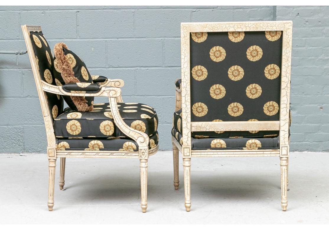 Painted Pair Elegant Carved and Paint Decorated Armchairs by Sherill For Sale
