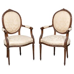Pair Elegant Carved Upholstered Fauteuils inLouis XVI Style
