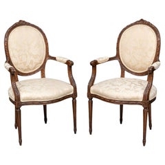 Antique Pair Elegant Carved Upholstered Fauteuils inLouis XVI Style