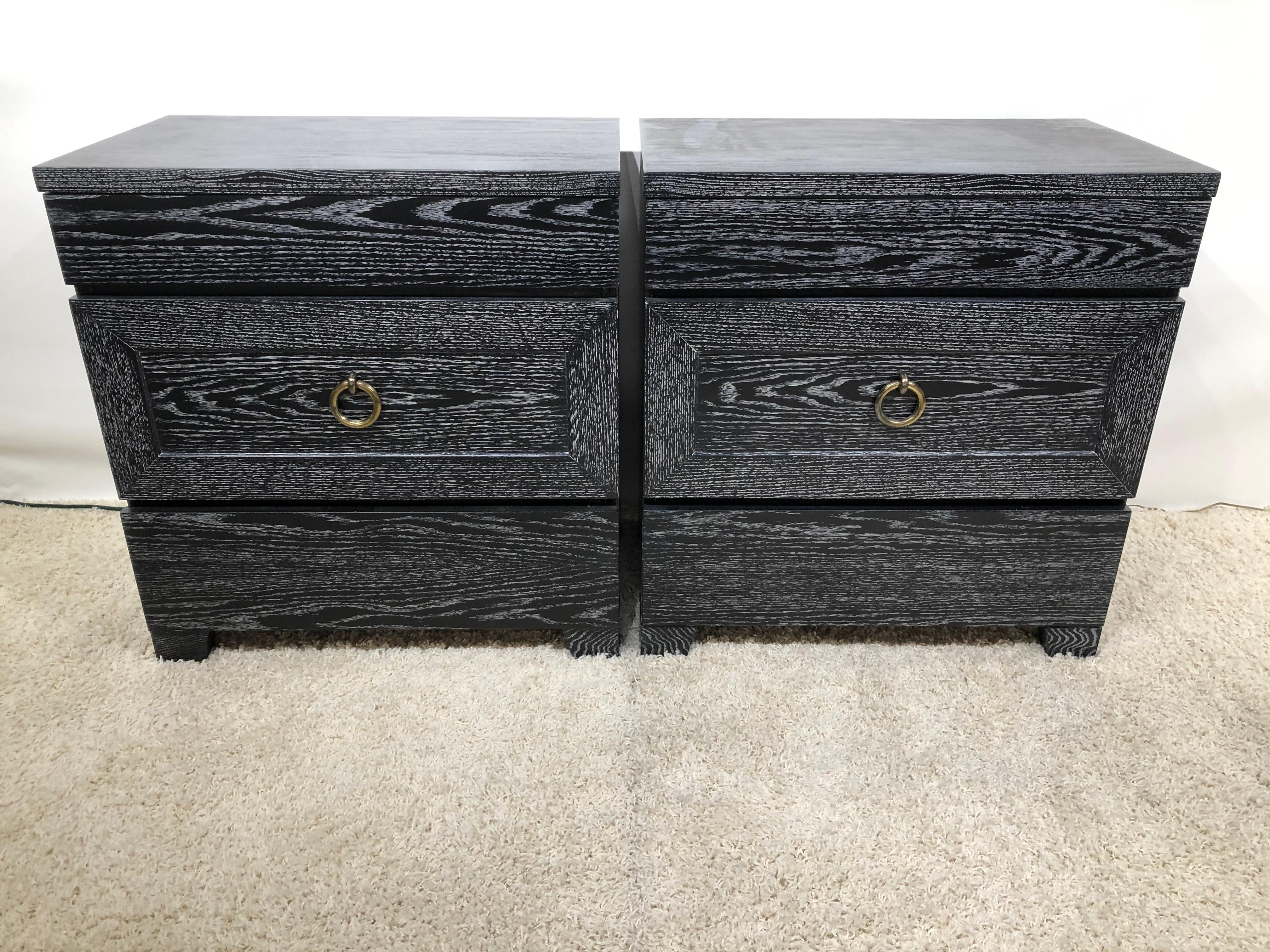 Mid-Century Modern Pair of Elegant James Mont Cerused Custom Cabinet /Nightstand Chests For Sale