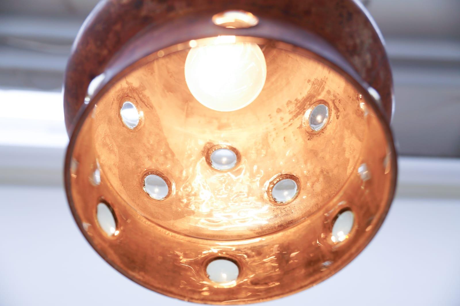 Pair Elegant Mid-Century Modern Copper and Glass Bubbles Pendant Lamp, 1960s For Sale 1