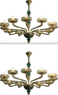Pair Elegant Murano Chandelier Amber and Emerald Handblown Glass Venini, 1960