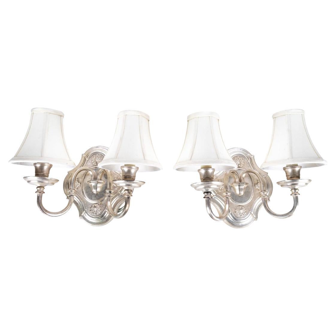 Pair Elegant Silvered Iron Twin Light Sconces For Sale