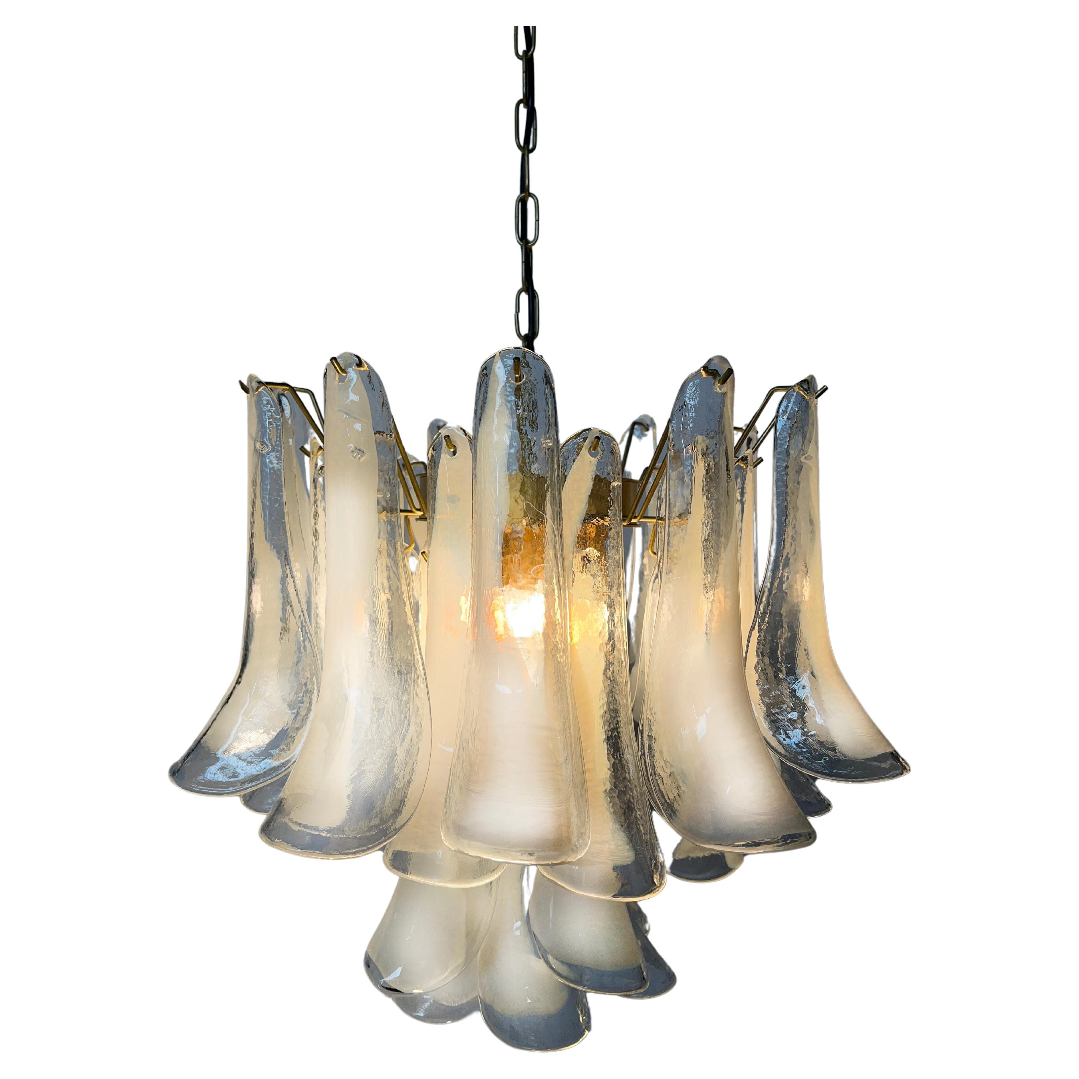 Late 20th Century Pair Elegant White Petal Chandeliers, Murano, 1990s For Sale
