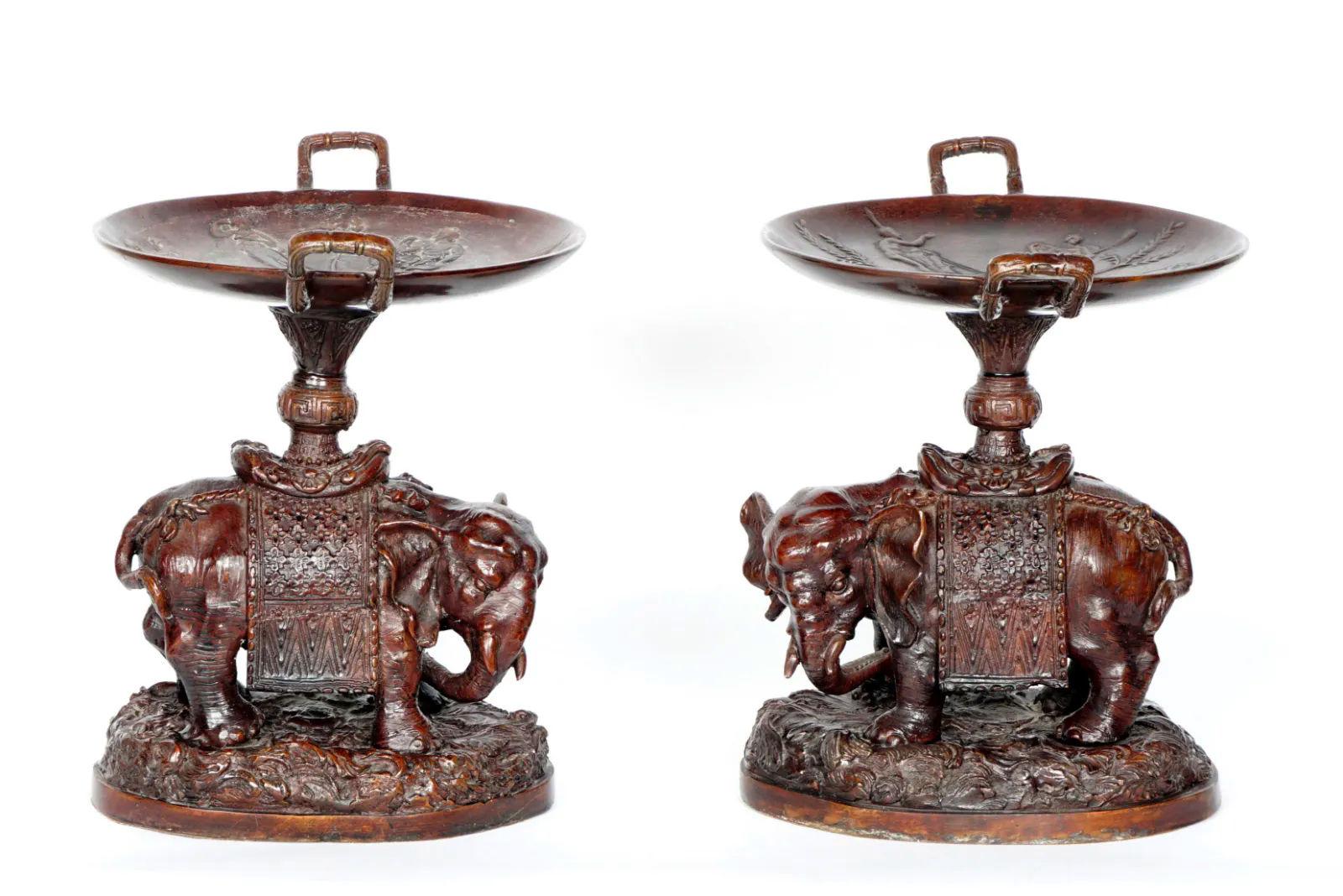 Pair of very nice quality and unusual Elephant Form Patinated Bronze Tazza.