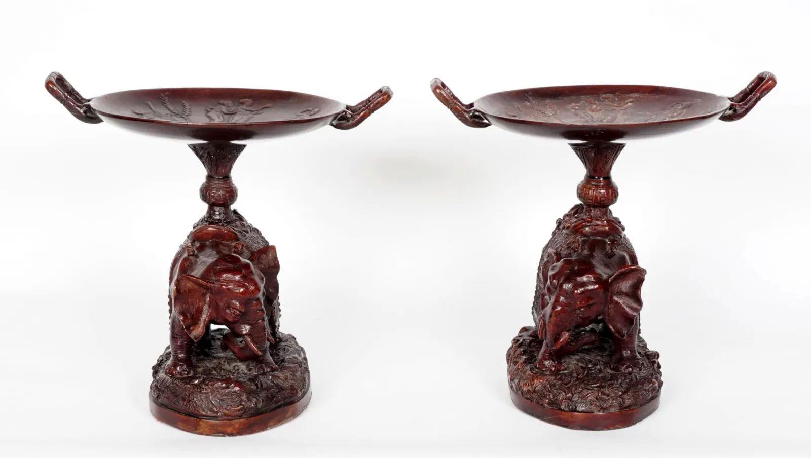 Pair Elephant Form Patinated Bronze Tazzas In Good Condition For Sale In New York, NY