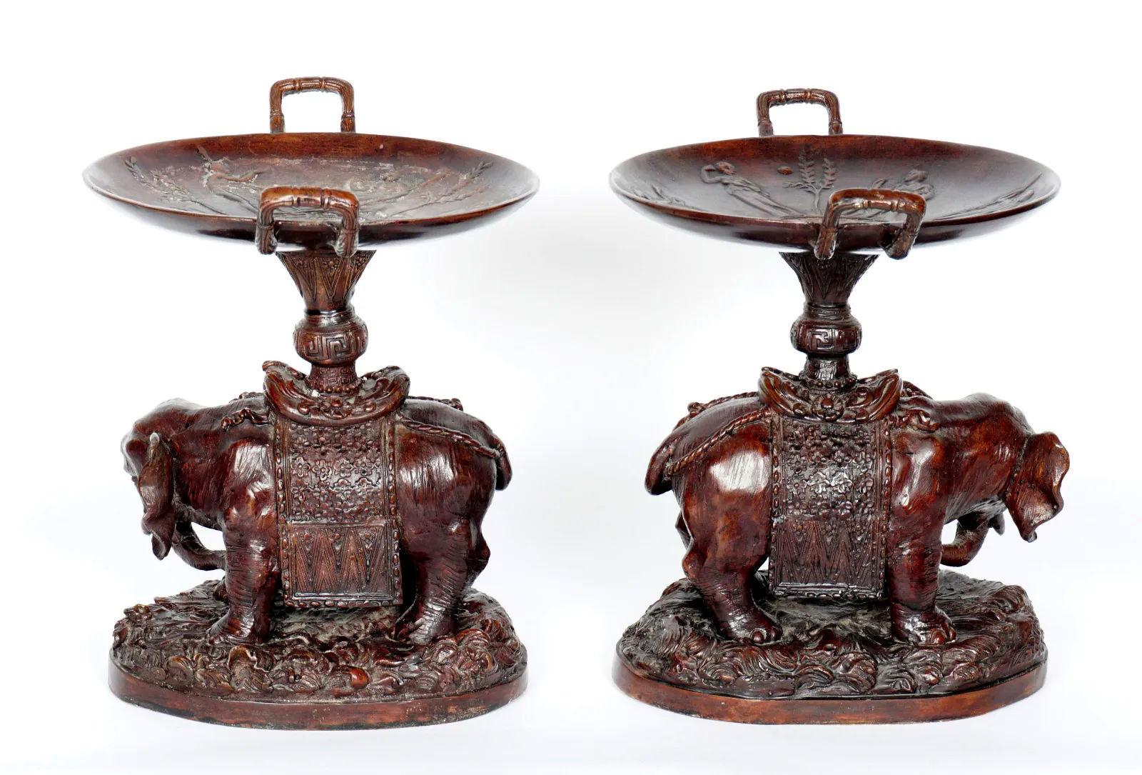 20th Century Pair Elephant Form Patinated Bronze Tazzas For Sale