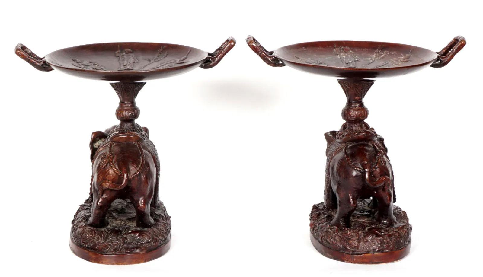 Pair Elephant Form Patinated Bronze Tazzas For Sale 1